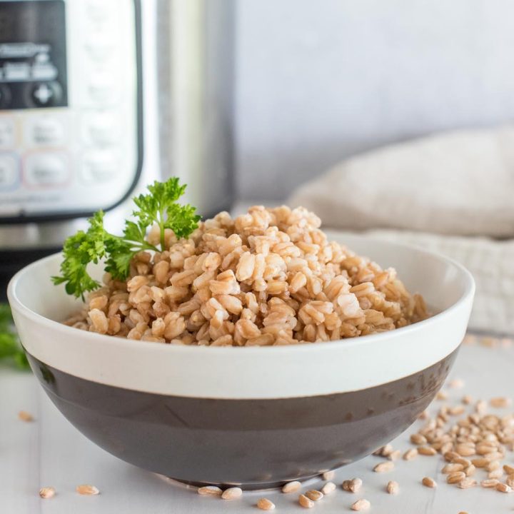 A grey and white bowl filled with farro and topped with a sprig of parsley, placed in front of an Instant Pot.