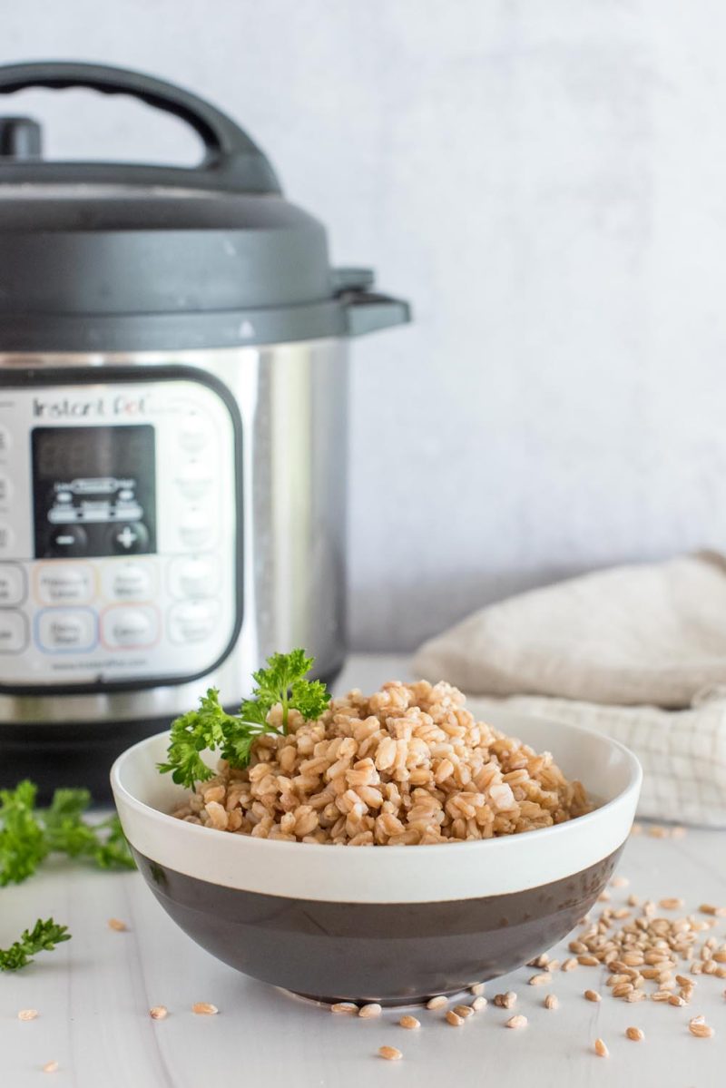 A grey and white bowl filled with farro and topped with a sprig of parsley, placed in front of an Instant Pot.
