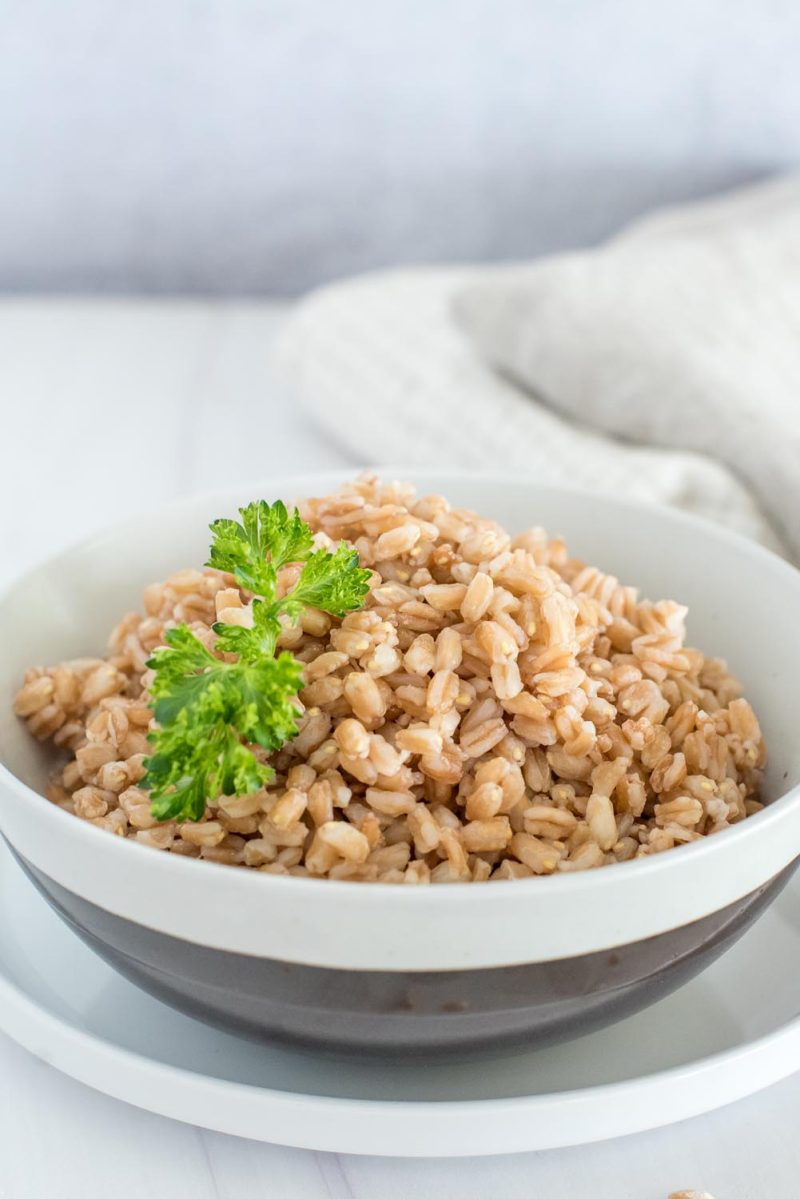 A grey and white bowl filled with Instant Pot farro and topped with a sprig of parsley.