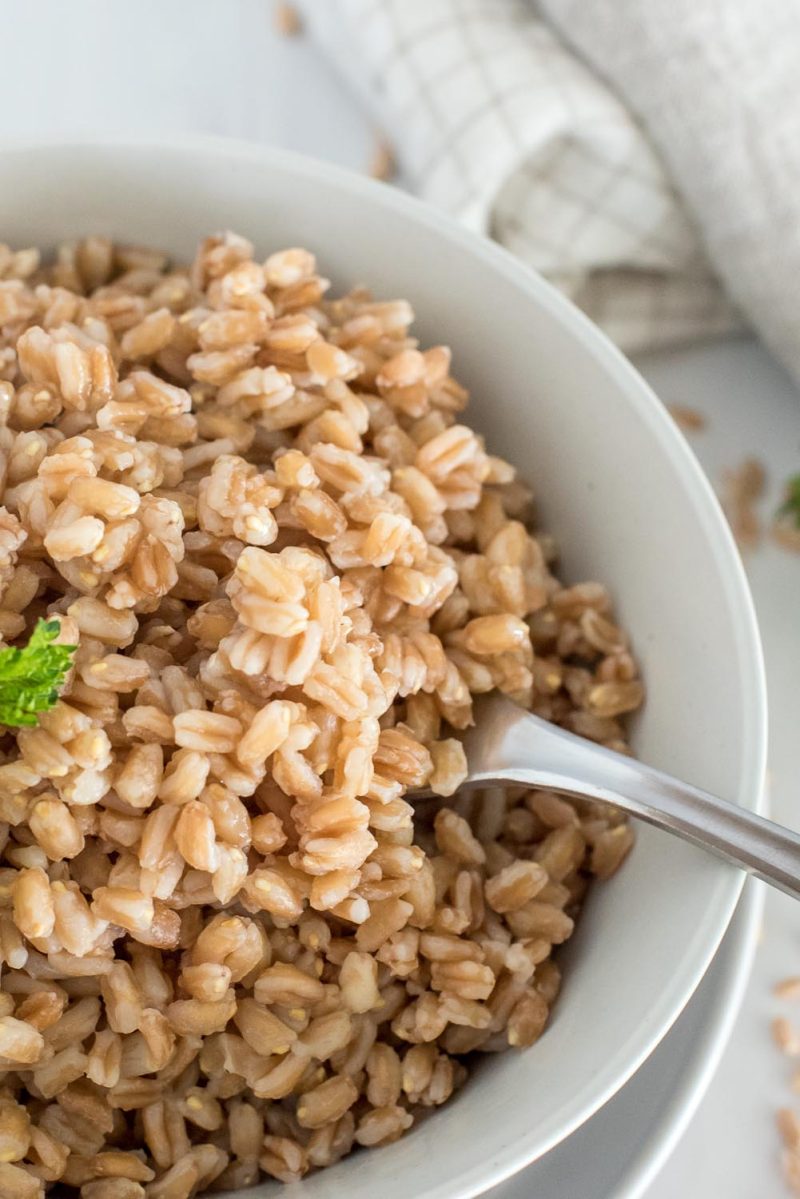 A close up of farro cooked in an Instant Pot, placed in a white bowl with a fork and a sprig of parsley.