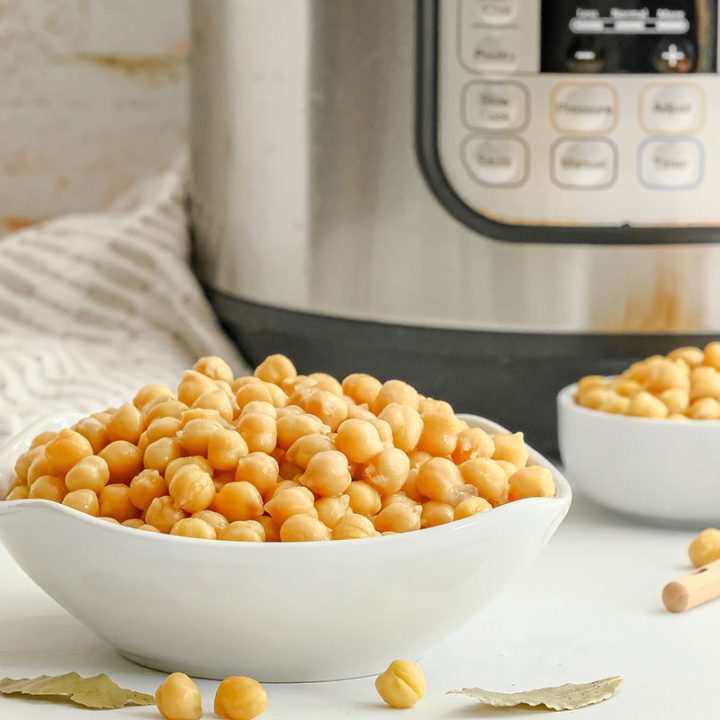 cooked chickpeas in front of an instant pot